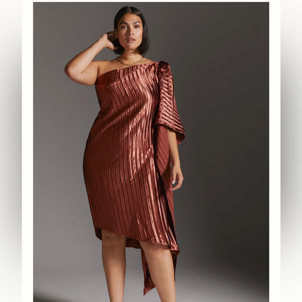 NWT Anthropologie Guapa Copper Pleated Satin One Shoulder Formal Dress 16P